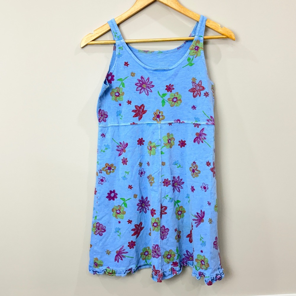 VTG Fresh Produce Girls M Blue Floral Sleeveless Ruffle Hem Dress Beach Resort